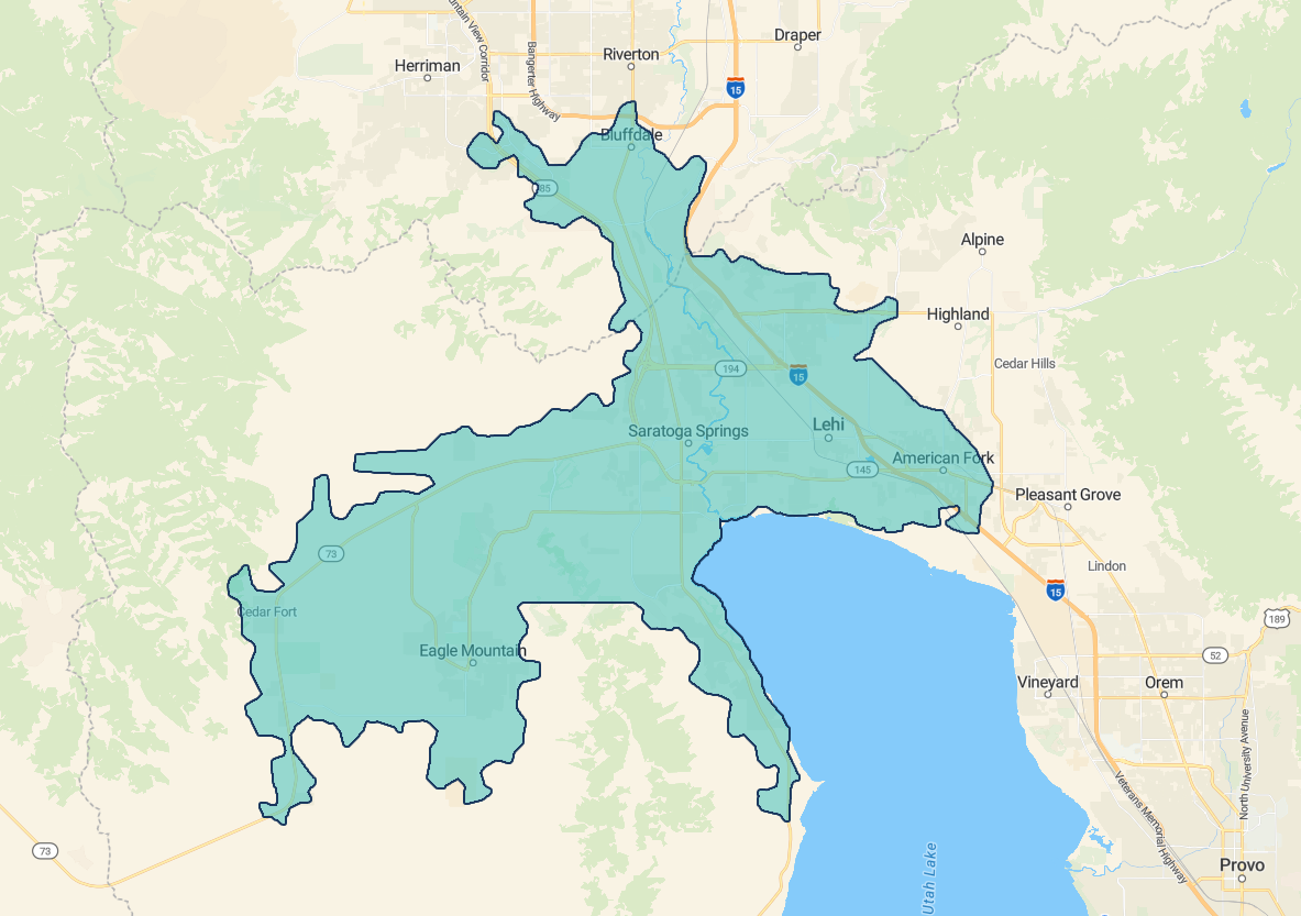 WellKeepers service area map covering Eagle Mountain and Saratoga Springs, Utah